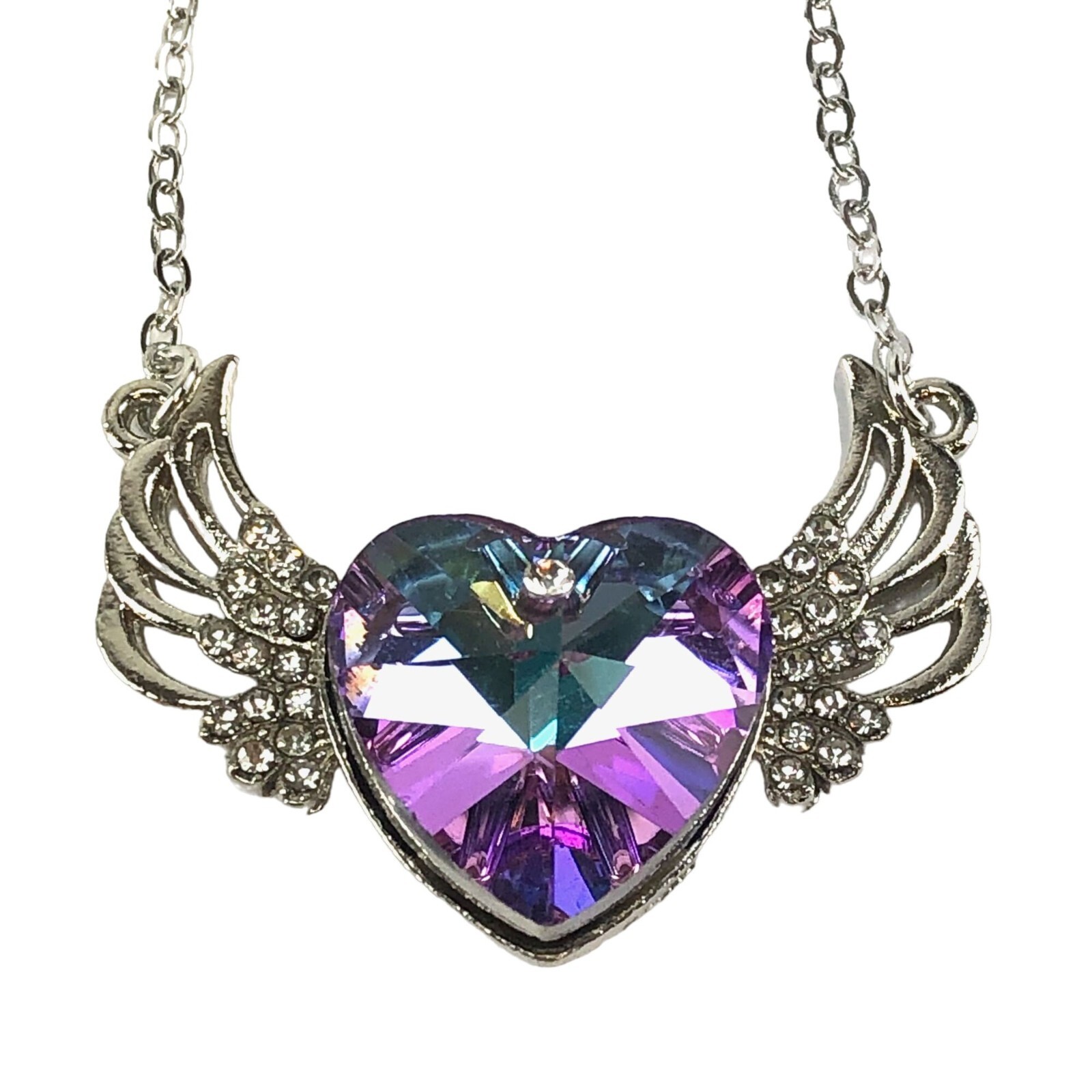 Crystal Heart Angel Wing Pendant Necklace in Blue Purple with Silver Tone Chain-image