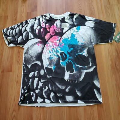 Vintage Skull Shirt Mens 2XL XXL white art all over Print Goth Emo Y2k Skater