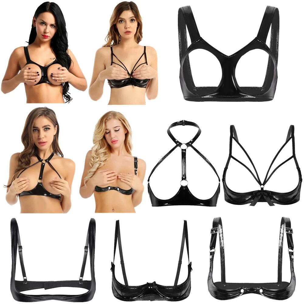 Women Wet Look Open Cup Shelf Bra Lingerie Wire-Free Unlined Bra Tops  Underwear