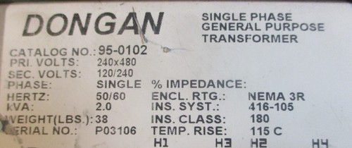 Dongan 95-0102 Single Phase General Purpose Transformer 240/480V 2kVA 50/60Hz - Picture 4 of 11