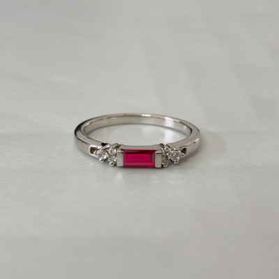 925 Silver Simulated Ruby Baguette Cut Minimalist Wedding Band White Gold