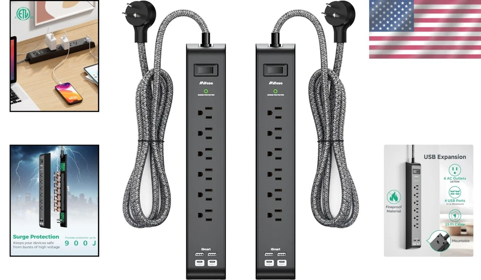 15FT Power Strip with USB Ports - Surge Protector, 6 Outlets - Image 2 of 4