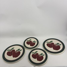 Plaid Apple Tin Serving Trays Set Of 4 Round Houndstooth Country Kitchen Decor