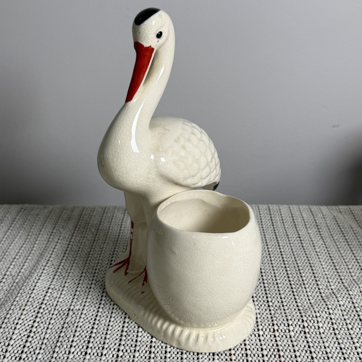 Vintage Ceramic Stork Crane Bird Planter Vase Crackle Glaze Made