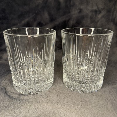 Pair Bohemia Crystal BEDFORD Vertical Horizontal Cut Whiskey Old Fashioned Glass