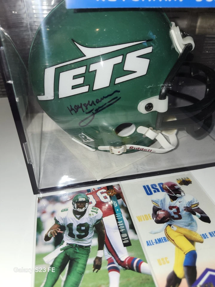 Mini casco Keyshawn Johnson RC AUTO ¡Con estuche y lote de 4 tarjetas! NY Jets! 2 RC'S Foto 2 de 4