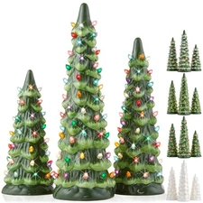 3 PC. Set 8/10/12" Ceramic Christmas Trees Pre-Lit with Lights