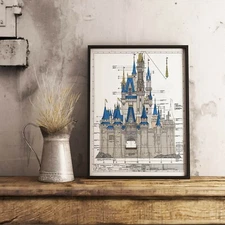 Walt Disney World - Cinderella Castle in Magic Kingdom - Colored Blueprint