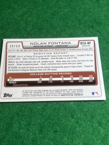 NOLAN FONTANA 2012 Bowman Chrome Draft Pick Autograph Gold Refractor #39/50 RC - Picture 7 of 8