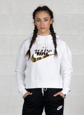 NIKE NSW Women's Metallic Gold Rally Cropped Hoodie White AJ0096-100 Sz S