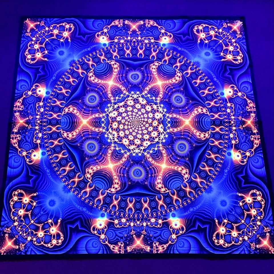 Tapiz UV Psy Madala, reactivo a la luz negra, tapiz psicodélico arte Trippy DMT Foto 2 de 4