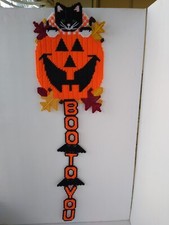 Plastic Canvas Halloween Jack O Lantern Pumpkin Black Cat Yarn Wall Door Art