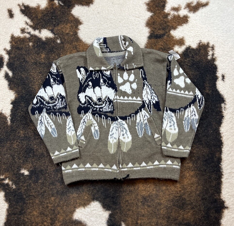 Handmade Hooded Woven Native Wolf Knit Full Zip Hooded Jacket