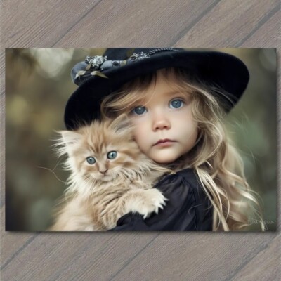 POSTCARD Girl Cat Blue Eyes Pet Old Vibe Unusual Cute Beautiful Strange Fun