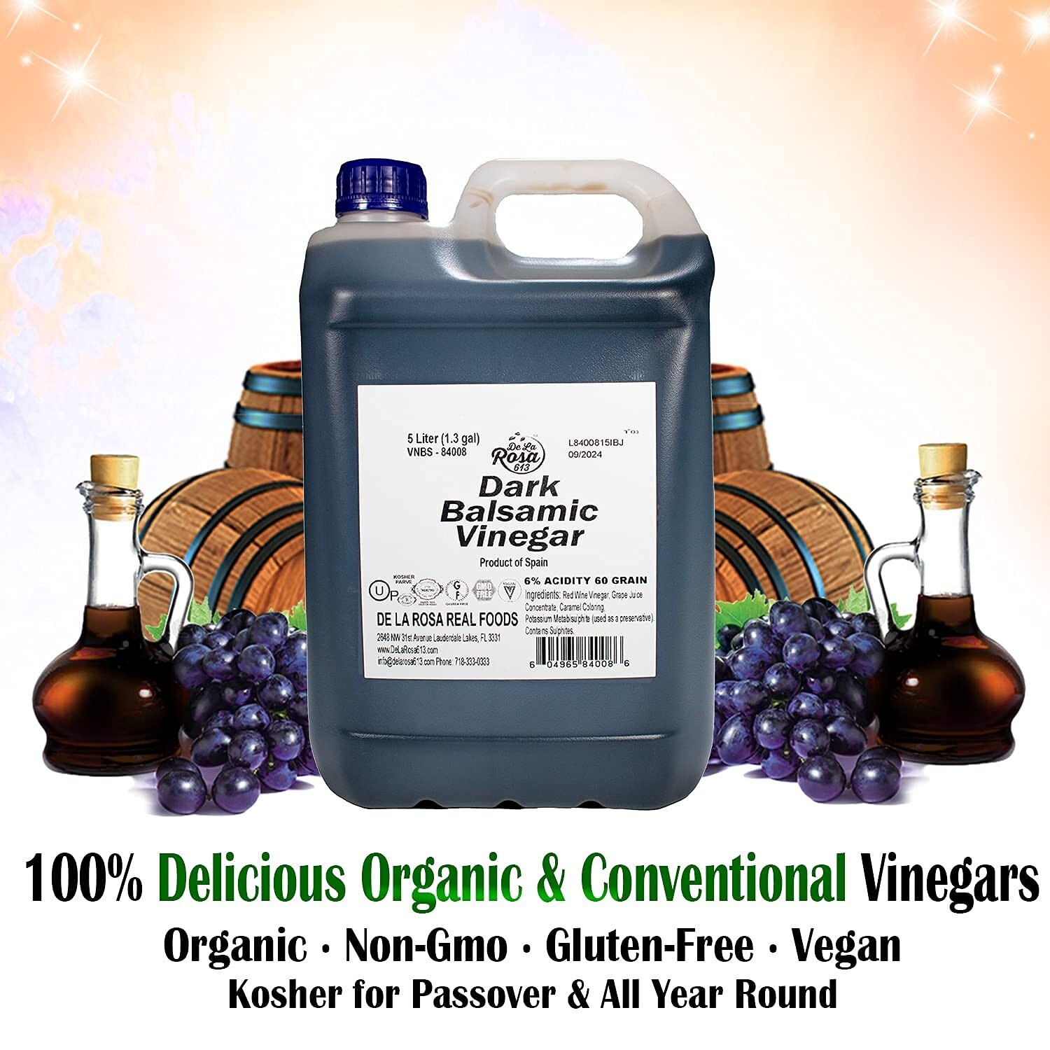 De La Rosa Dark Balsamic Vinegar, Vegan, Kosher, Gluten Free, 5Liter