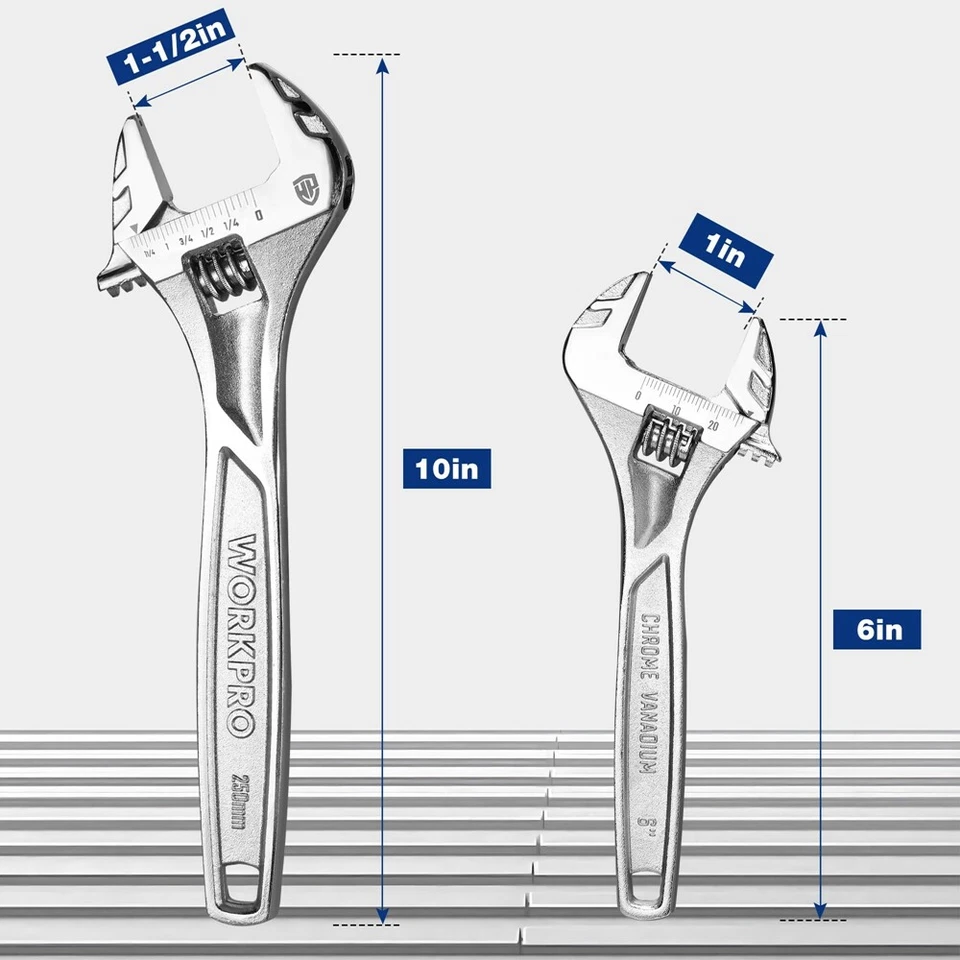 WORKPRO 2PCS Adjustable Wrench Set 6" 10" Wide Jaw Wrench Metric & SAE Scale USA - Image 4 of 4