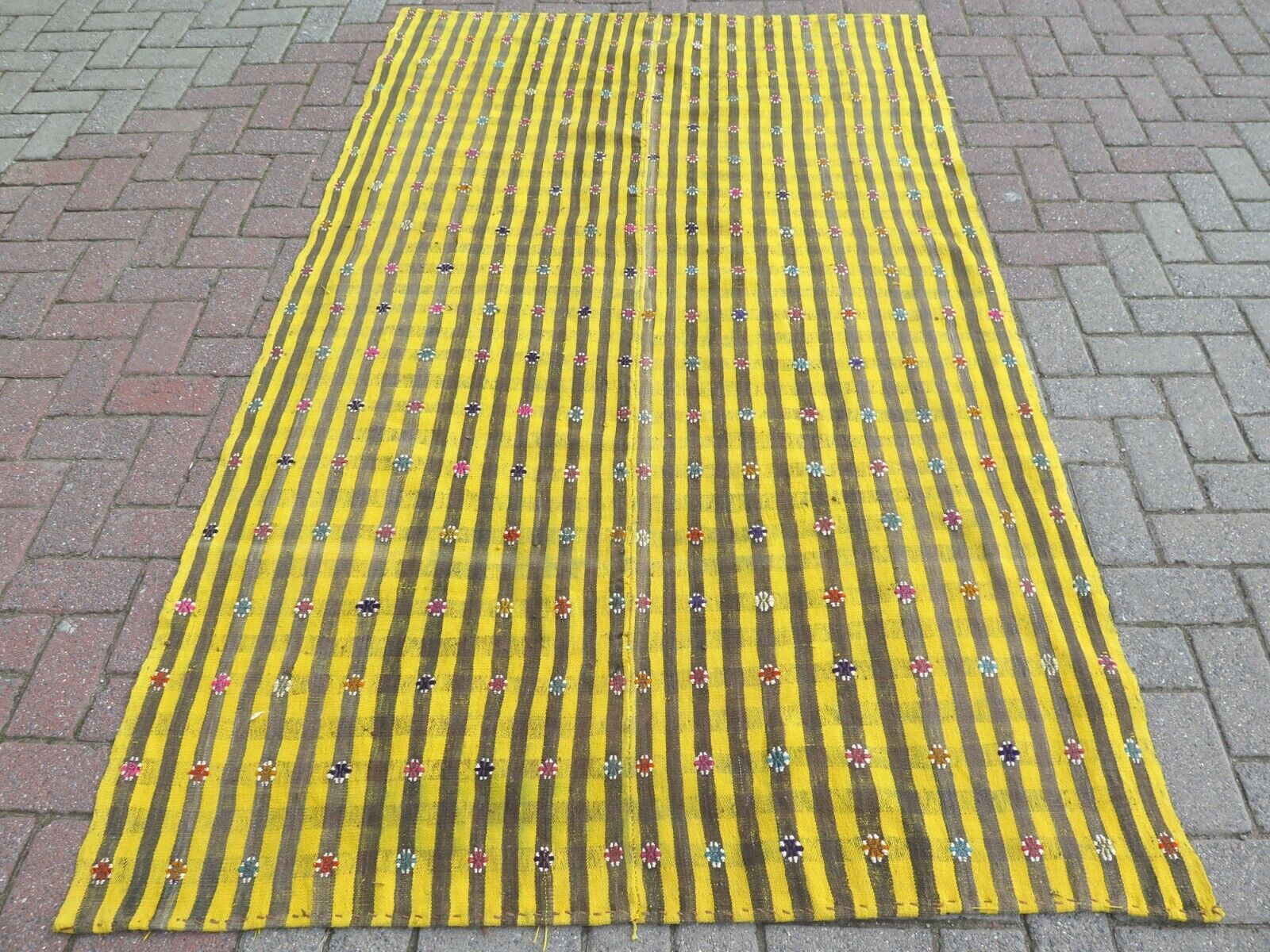 Vintage Turkish Adana Kilim, Yellow Tribal Rug Modern Striped Rug 53"X87" Carpet