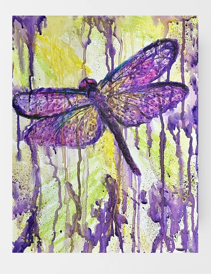 GUAJARDO Original Drip Purple Dragonfly 14X17 Papel Fine Art Arte Arte Assinada - Imagem 2 de 4