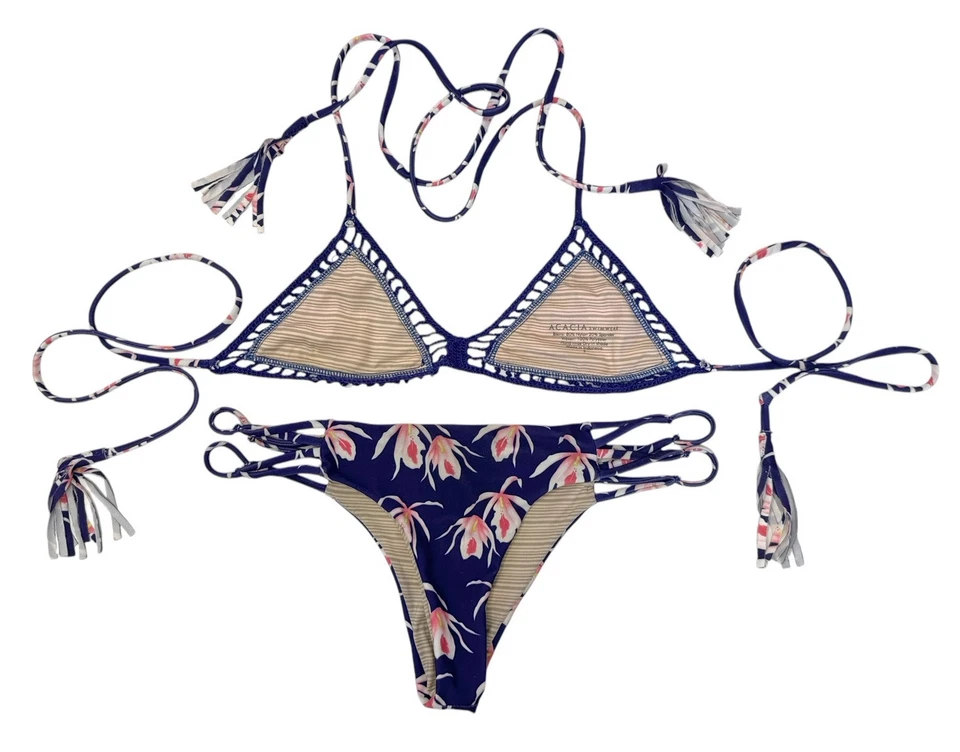 Traje de baño ACACIA Blue Island Orchid Santorini Maui floral ganchillo bikini talla L/P Foto 4 de 4