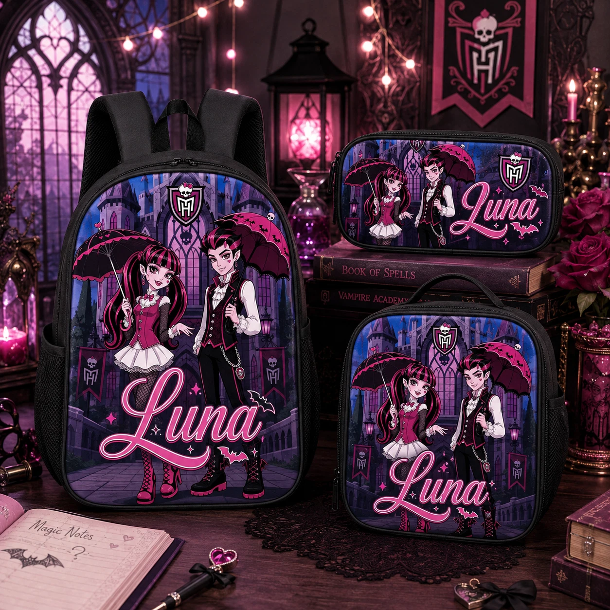 Personalized Gothic Vampire Couple 3Pcs Backpack Set Lunch Bag Pencil Case