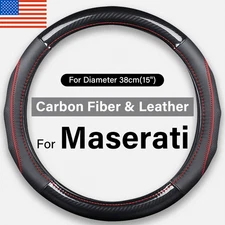 Black 38cm/15inch Carbon Fiber & Leather Steering Wheel Cover For Maserati