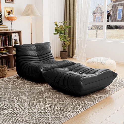 Used Trendy Modern Togo Sofa Couch with Footstool-Black Leather Caterpillar Sofa
