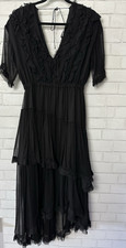 The Kooples Silk Long Black Mid-Length Dress Ruffles Short Sleeve Size 2 LBD