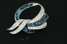 Vtg Sapphire Blue Clear Rhinestone Rhodium Plated Brooch Pin
