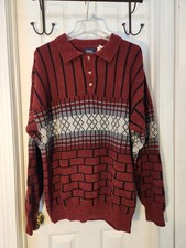 VTG John Blair Sweater Men Large Red Fair Isle Brick Henley Pullover Grandpa 90s