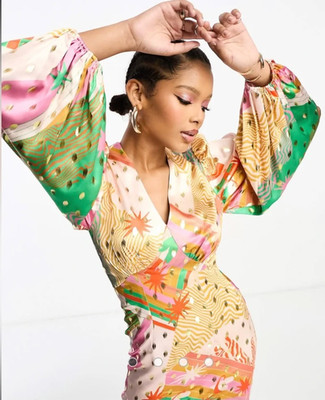Never Fully Dressed  balloon sleeve maxi dress in multi print - size 8
