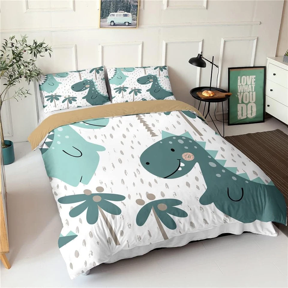 Copripiumino per Bambini, Set Da Letto Singolo, Blu Dinosaur Microfibra, Copripi - Immagine 2 di 4