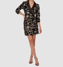 Adrianna Papell Women's Black Velvet Sequins Surplice 3/4 Sleeve Dress Size 18