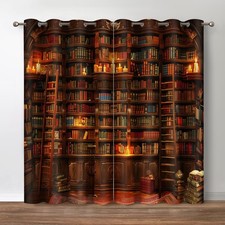 Jekeno Vintage Bookshelf Blackout Curtains Library Books Bookcase Ladder Cand...