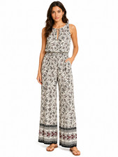 H M DIVIDED Sleeveless Paisley Viscose Jumpsuit Cream Black Berry Red Size 6