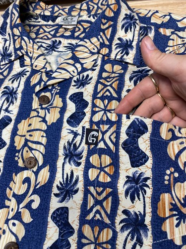 Vintage Hawaiian Kine Designs Mens XL Blue Palms Drums Geometric Aloha Camp - Picture 5 of 12