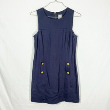 Vince Camuto Military Style Shift Dress Size 8 Navy Blue Gold Hardware 60s Retro