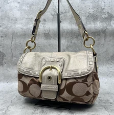 COACH Vintage Soho Shoulder Bag buckle Signature Gold Beige Leather Canvas 11888