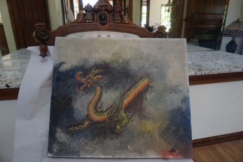 Antico cinese giapponese? China Oil on Tela Drago Firmato COZ Vecchio - Foto 11 di 11