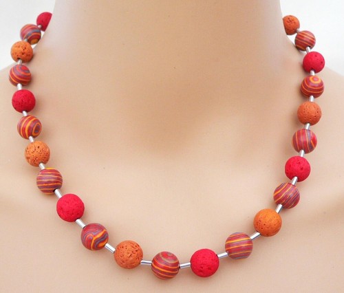 Halskette Kette Perlen Malachit Lava bunt mehrfarbig rot ocker/orange türkis116b - Picture 4 of 10