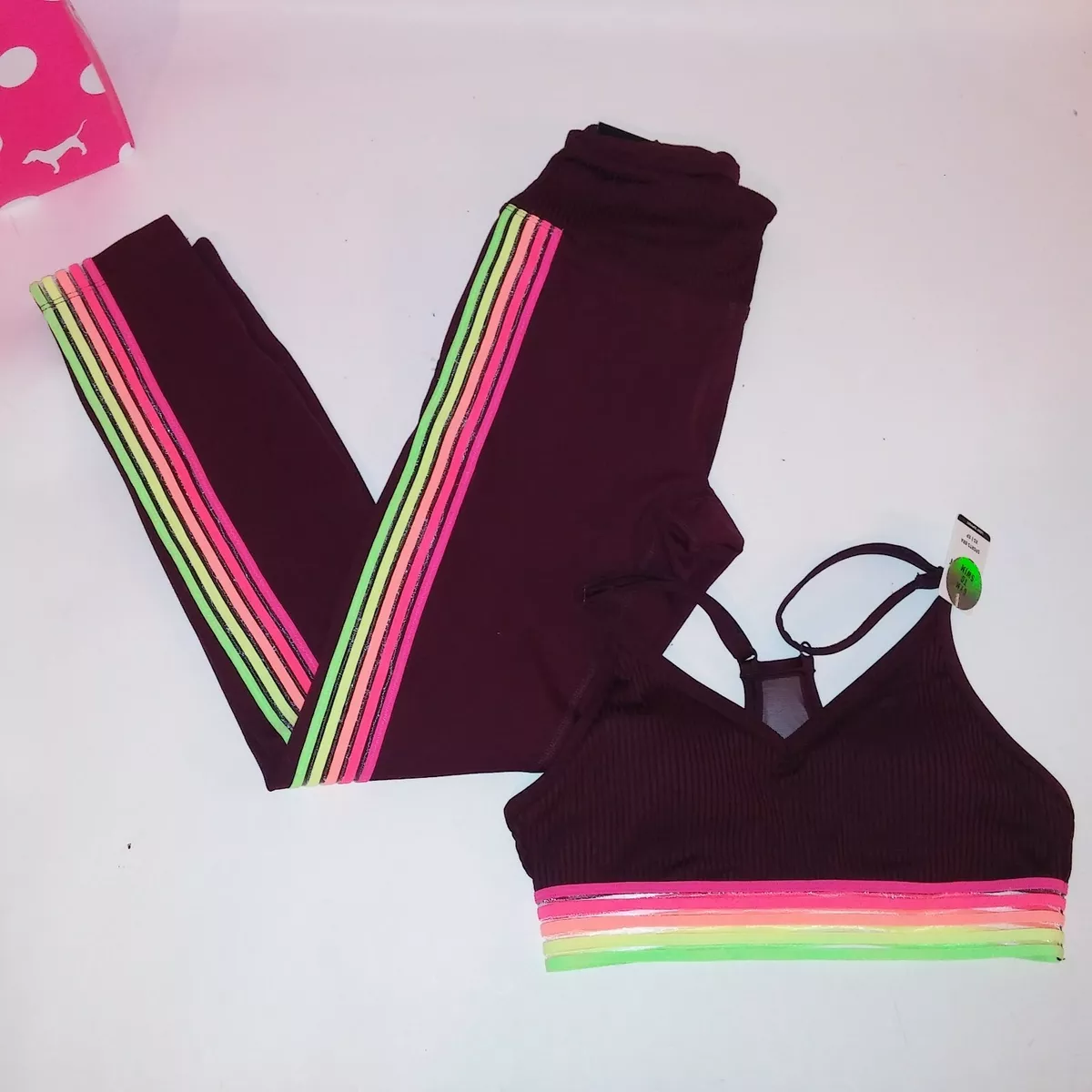 Victoria Secret PINK Workout Set Leggings & Sports Bra Burgundy Colorful  Stripe