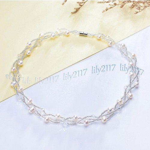 7-8mm Genuine Natural Freshwater White Pearl Crystal Necklace Bracelet Set 18'' - Picture 6 of 10