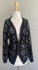 Vtg 70  s Black LEATHER PATCHWORK Crochet CARDIGAN Jacket Unisex M Artisan As Is