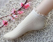 Ladies Cute and Unique 50's Retro Cotton Rib Ankle/Trainer Lace Trim Socks 