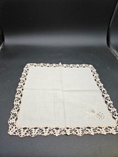 VTG. Linen Handkerchief w/ Crocheted Edges Pink/White