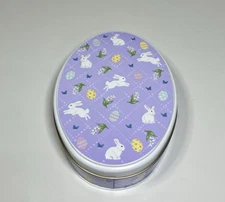 See's Candies Chocolate Easter Candy Empty Purple Flower Egg Bunny Tin