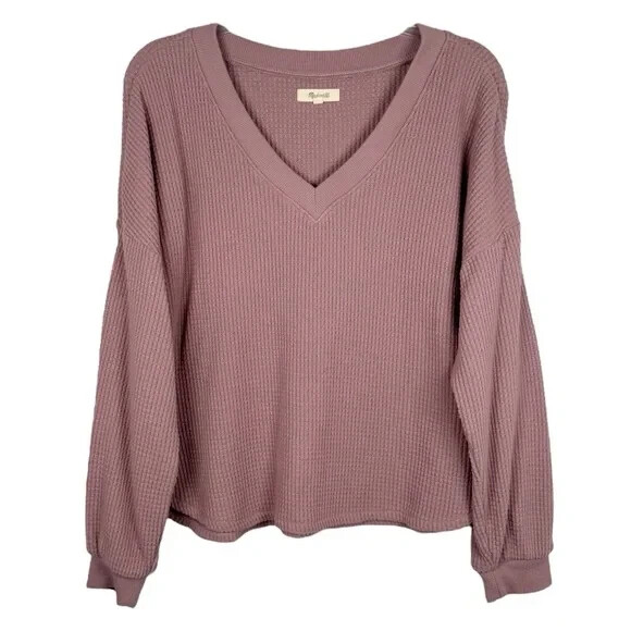Madewell | Mauve Waffle Knit Long Balloon Sleeve V Neck Top