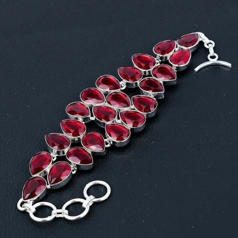 Red Ruby Bracelet 925 Sterling Silver Bracelet Lab Created Gemstone Bracelet - Image 2 of 3