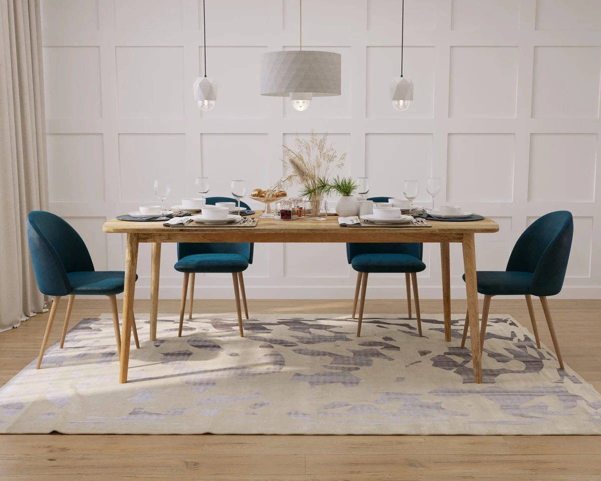 LIGHT MANGO WOOD RETRO DINING SET 6 SEATER VELVET CHAIRS eBay