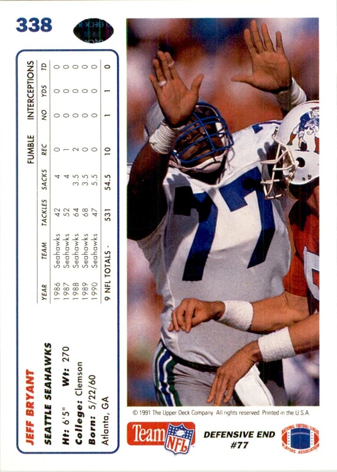 1991 Upper Deck Jeff Bryant Football Cards #338 - Image 2 of 2