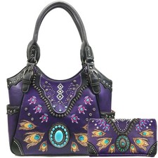 Women's Western Turquoise Feather Concealed Carry Tote Handbag Purse Wallet Set